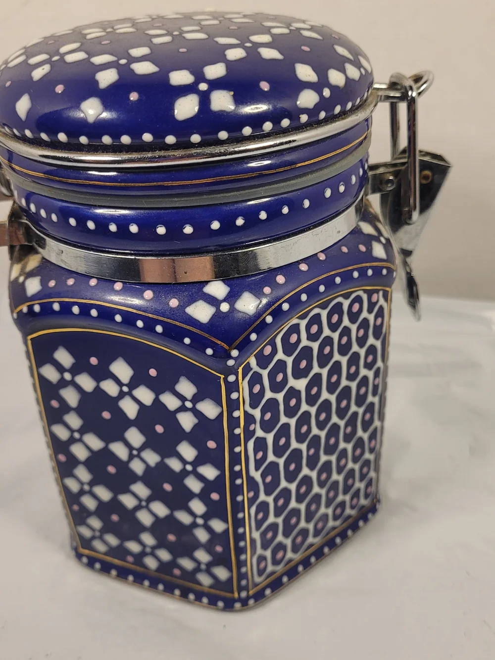Vintage Pier 1 Imports Canister Moroccan Cobalt Blue &White Ceramic Latch (W)